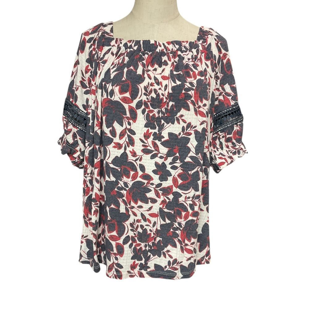 Como Blu Women's Floral Square Neck Peasant Blouse Plus Size 1X Lace Trim